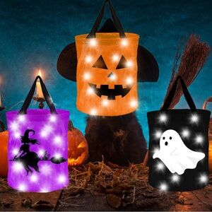NWT 3PC Halloween LED Light Up Trick or Treat Candy Bags